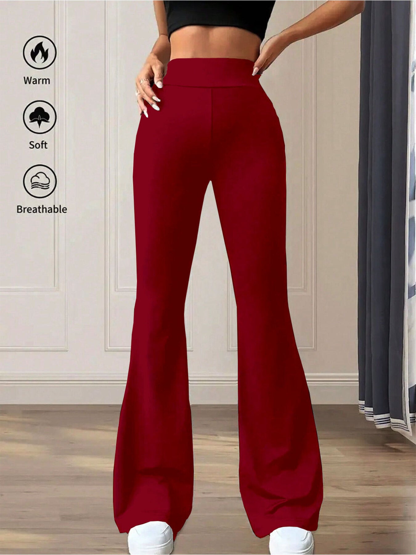 Burgundy high waist flare pants in soft, breathable cotton blend.