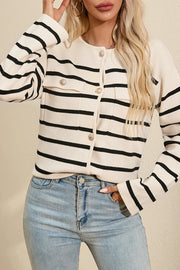 Beige striped button-up knit cardigan with chest pockets and gold buttons