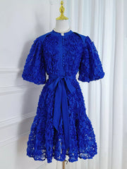 Blue floral textured puff sleeve button-down dress with tie waist