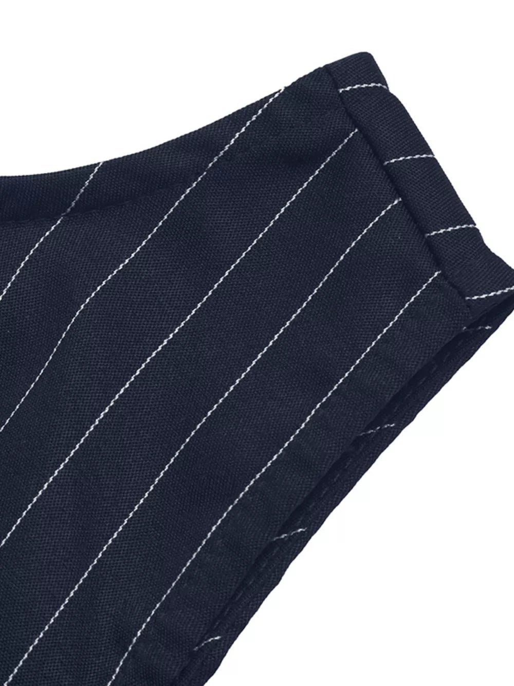 Navy striped tie-waist A-line dress detail showing fabric texture and white pinstripes.