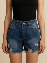 Dark blue denim shorts with distressed details and frayed hem.