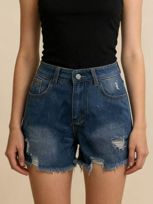 Dark blue denim shorts with distressed details and frayed hem.