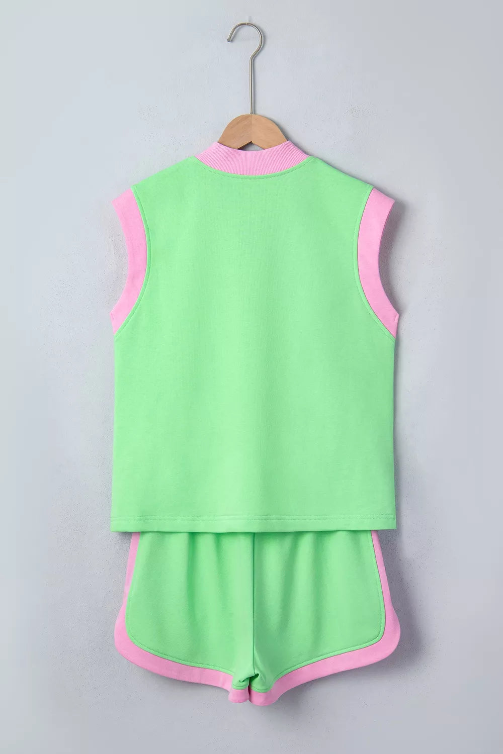 Color Block Half Zip Top & Shorts Set in Neon Green, close-up detail