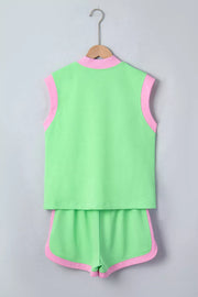 Color Block Half Zip Top & Shorts Set in Neon Green, close-up detail