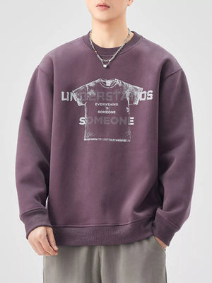 Men's oversized purple graphic sweatshirt with crew neck and long sleeves.