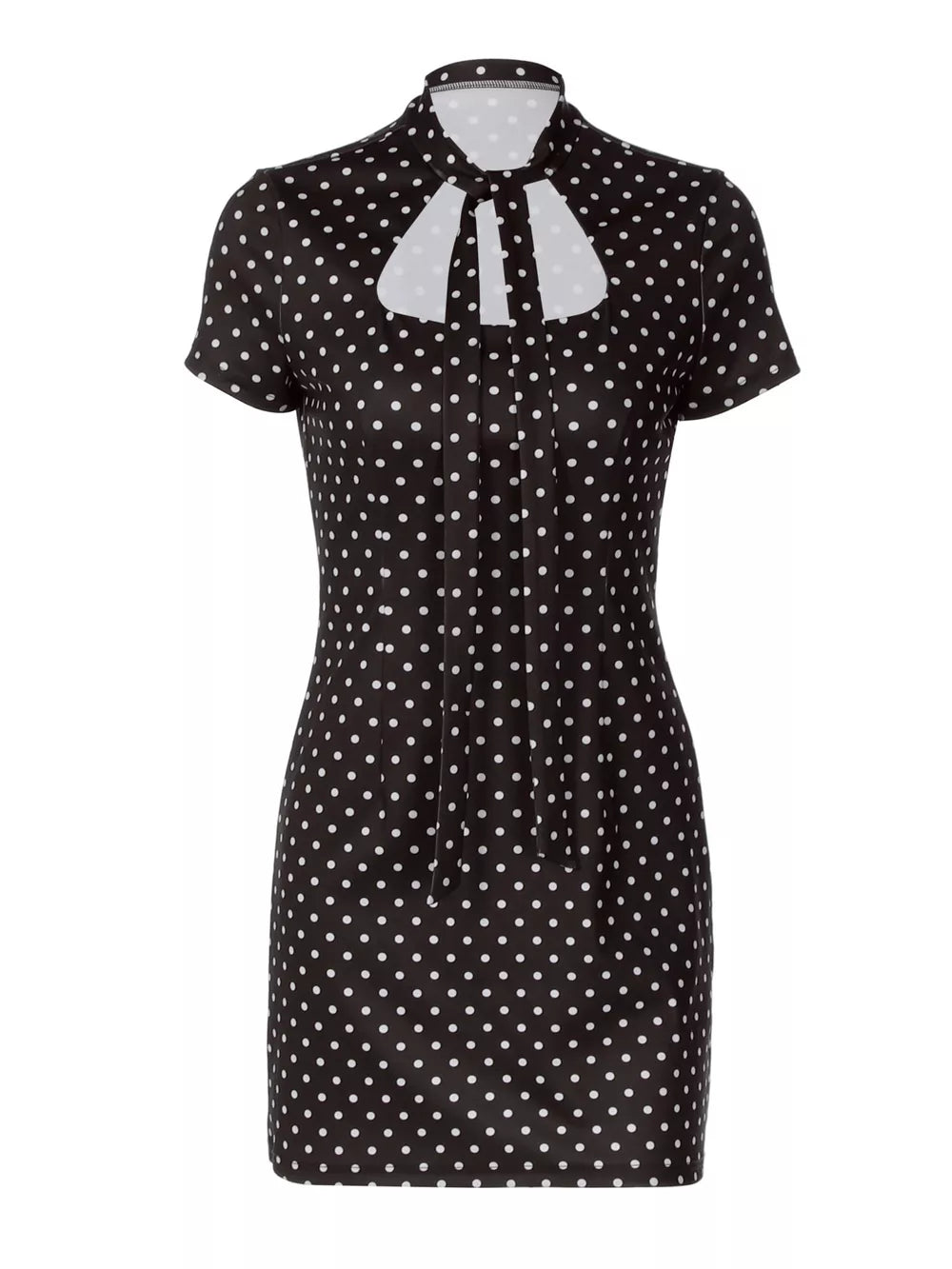 Chic black polka dot mini dress with short sleeves and a cut-out neckline with bow detail.