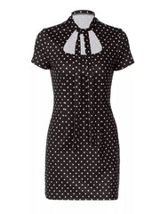 Chic black polka dot mini dress with short sleeves and a cut-out neckline with bow detail.
