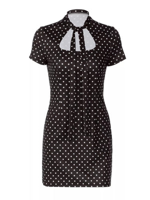 Chic black polka dot mini dress with short sleeves and a cut-out neckline with bow detail.