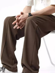 Men's coffee brown wide leg sweatpants with drawstring waist and stitched seams.