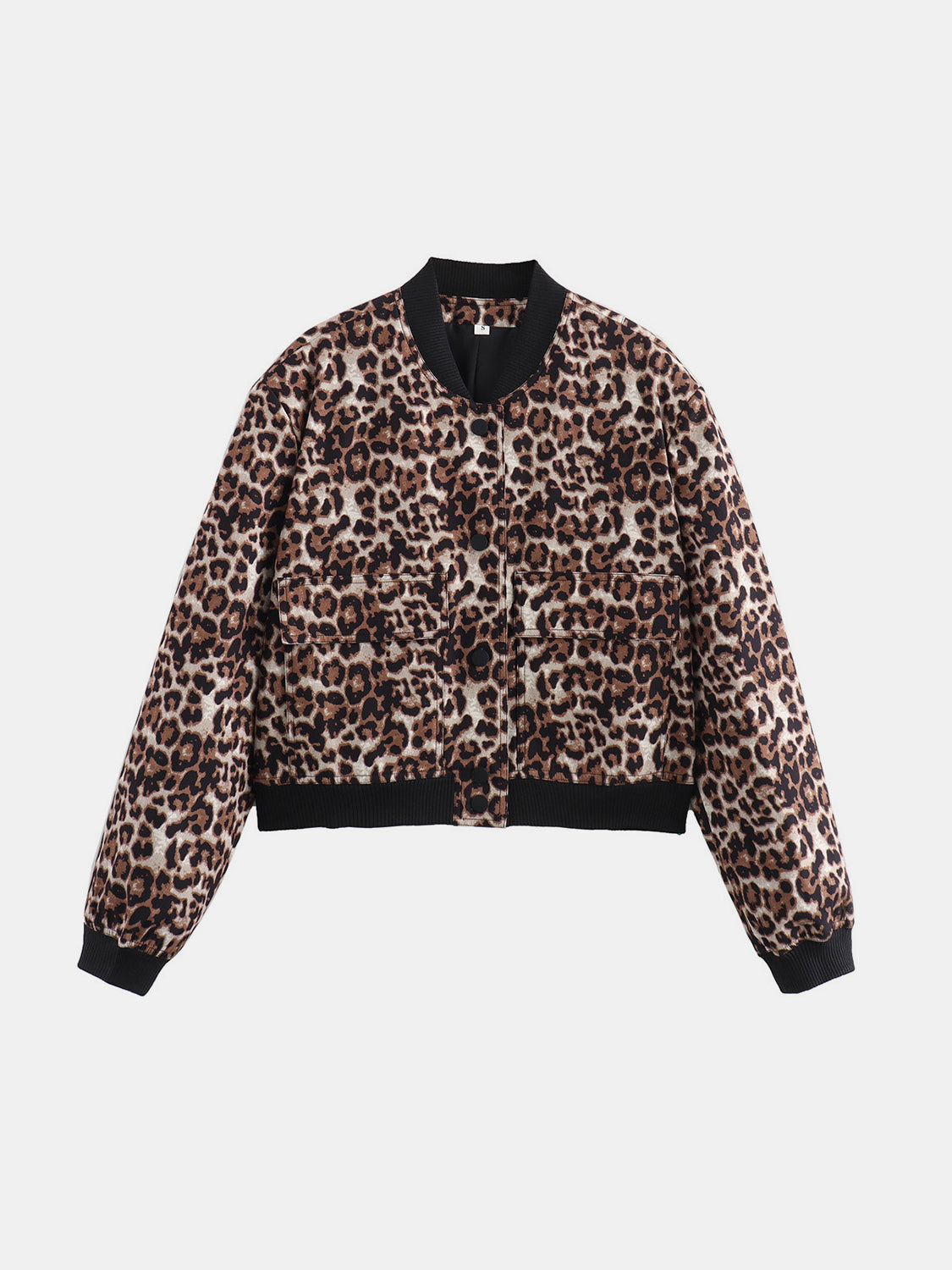 Leopard print boxy bomber jacket with black trim and two front pockets.