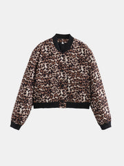 Leopard print boxy bomber jacket with black trim and two front pockets.