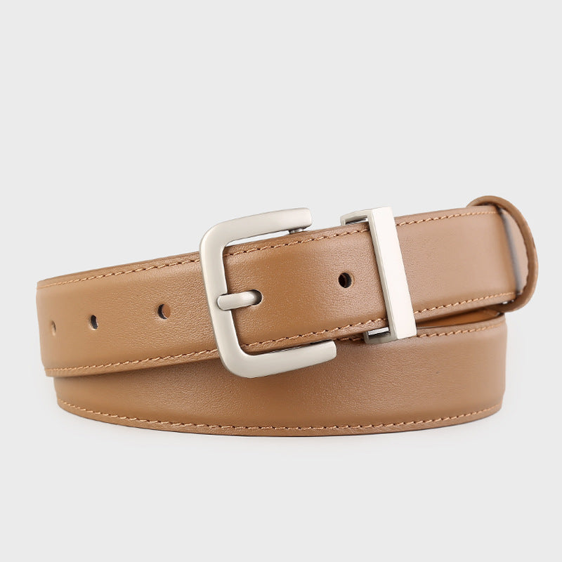 Brown cowhide leather belt with minimalist silver buckle and contrast stitching.