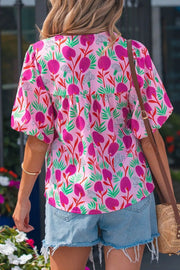 Floral Print Short Sleeve Tassel Tie Blouse in Fuchsia Pink, model styling view