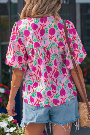 Floral Print Short Sleeve Tassel Tie Blouse in Fuchsia Pink, model styling view