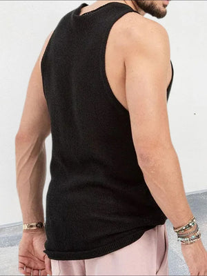 Black knit tank top with deep plunge neckline and ribbed trim.