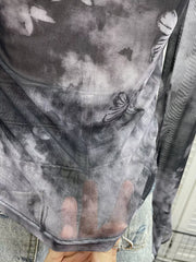 Gray black mesh t-shirt with butterfly print and asymmetrical cutout detail.