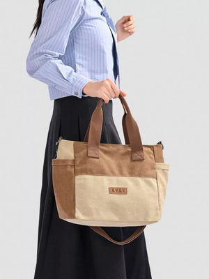 Multi-pocket canvas travel bag with adjustable strap and exterior pockets in tan and beige.