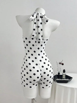 Polka Dot Halter Neck Romper, model styling view