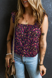 Floral ruffle strap square neck top with a dark floral print.