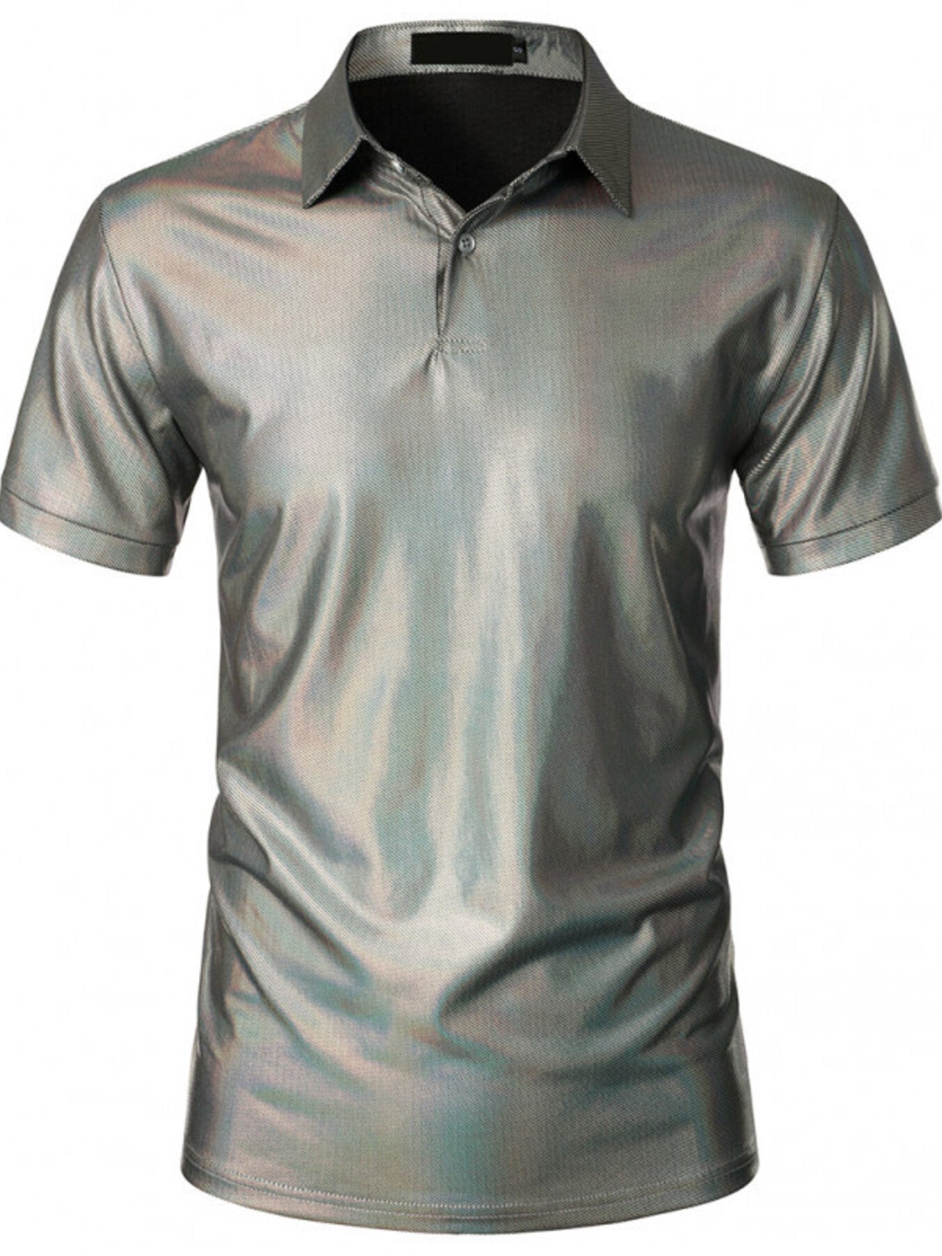 Men's grey collared polo shirt with textured finish and short sleeves.