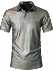 Men's grey collared polo shirt with textured finish and short sleeves.