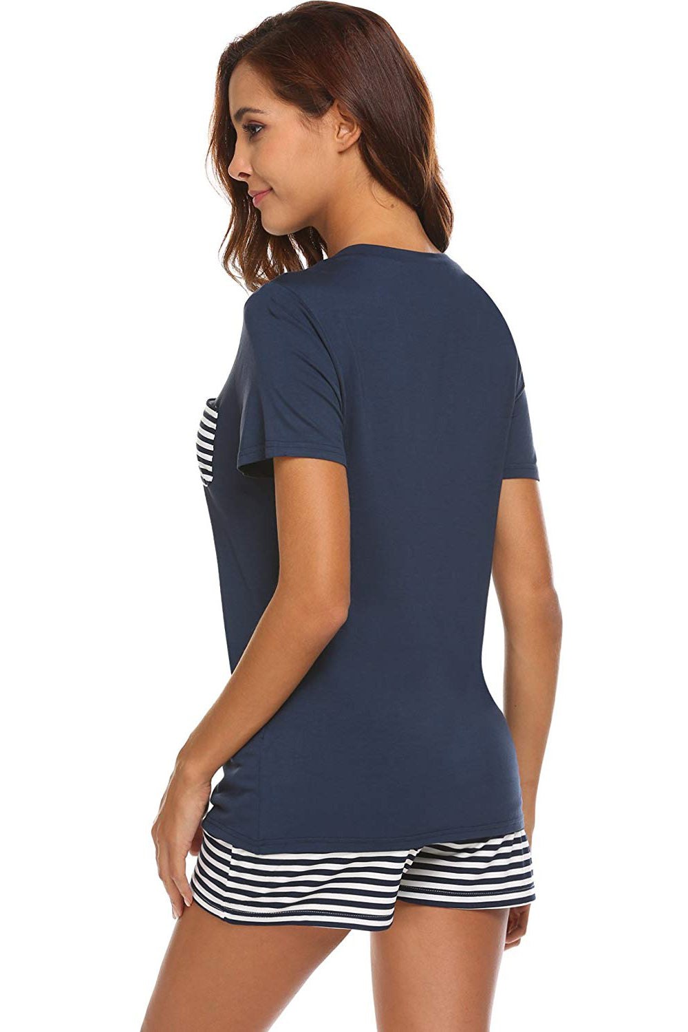 Dark blue V-neck lounge set with striped pocket and shorts
