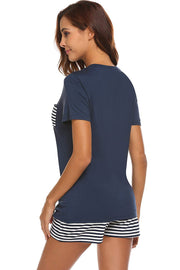 Dark blue V-neck lounge set with striped pocket and shorts