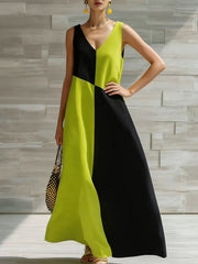 Maxi dress with V-neck and geometric colorblock in lime and black.