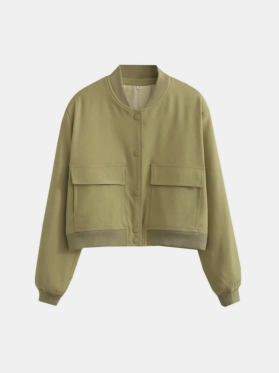 Boxy bomber jacket in yellow-green with two chest pockets and ribbed cuffs and hem.