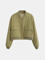 Boxy bomber jacket in yellow-green with two chest pockets and ribbed cuffs and hem.