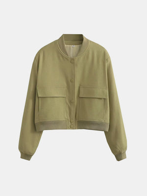 Boxy bomber jacket in yellow-green with two chest pockets and ribbed cuffs and hem.