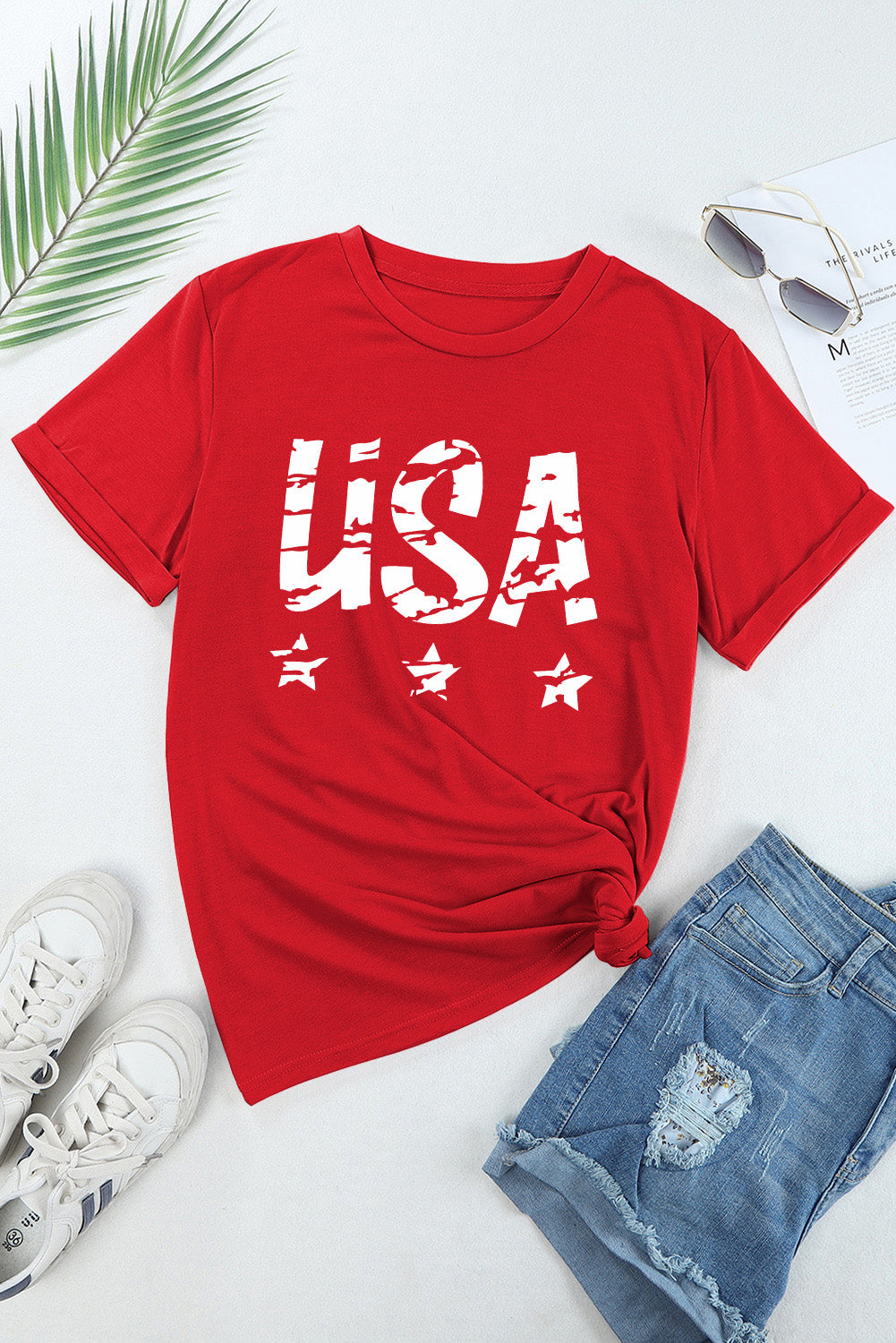 Red cotton blend graphic tee with USA distressed print and stars.