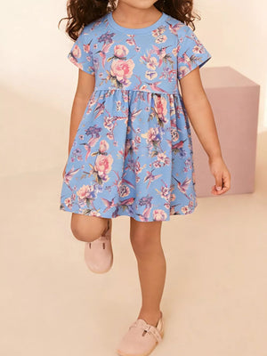Baby girl's blue cotton blend a-line dress with floral and hummingbird print.