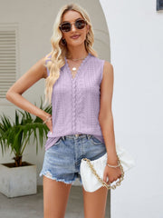 Lavender scalloped eyelet tank top with center lace detail and V-neck