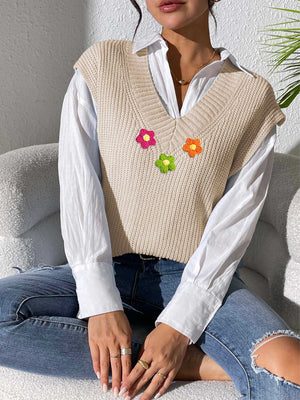 Beige ribbed knit vest with embroidered flowers, V-neck, sleeveless, acrylic.