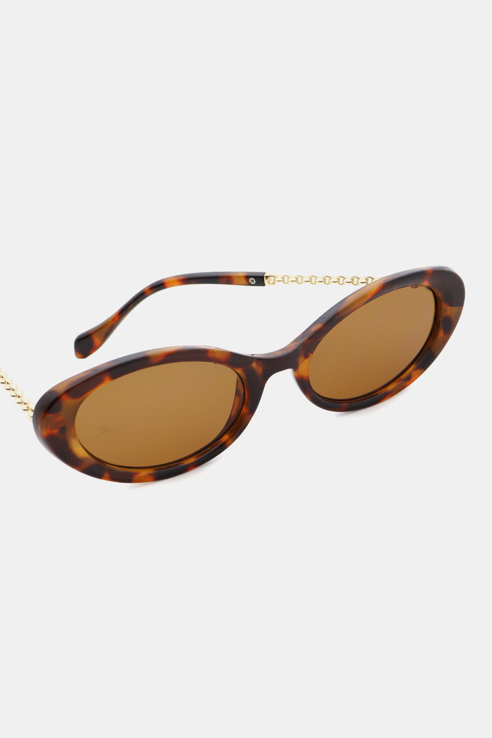 Brown oval sunglasses with tortoise shell frames and gold chain detail