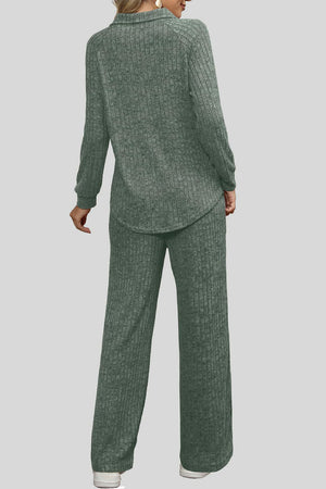 Sage ribbed knit lounge set with collar and wide leg pants.