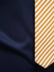 Men's navy blue cotton button-up shirt with a striped pocket detail.