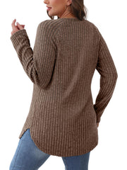 Brown ribbed knit sweater with raglan sleeves and asymmetric hem, casual long sleeve top.