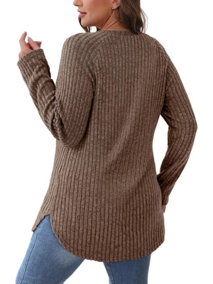 Brown ribbed knit sweater with raglan sleeves and asymmetric hem, casual long sleeve top.