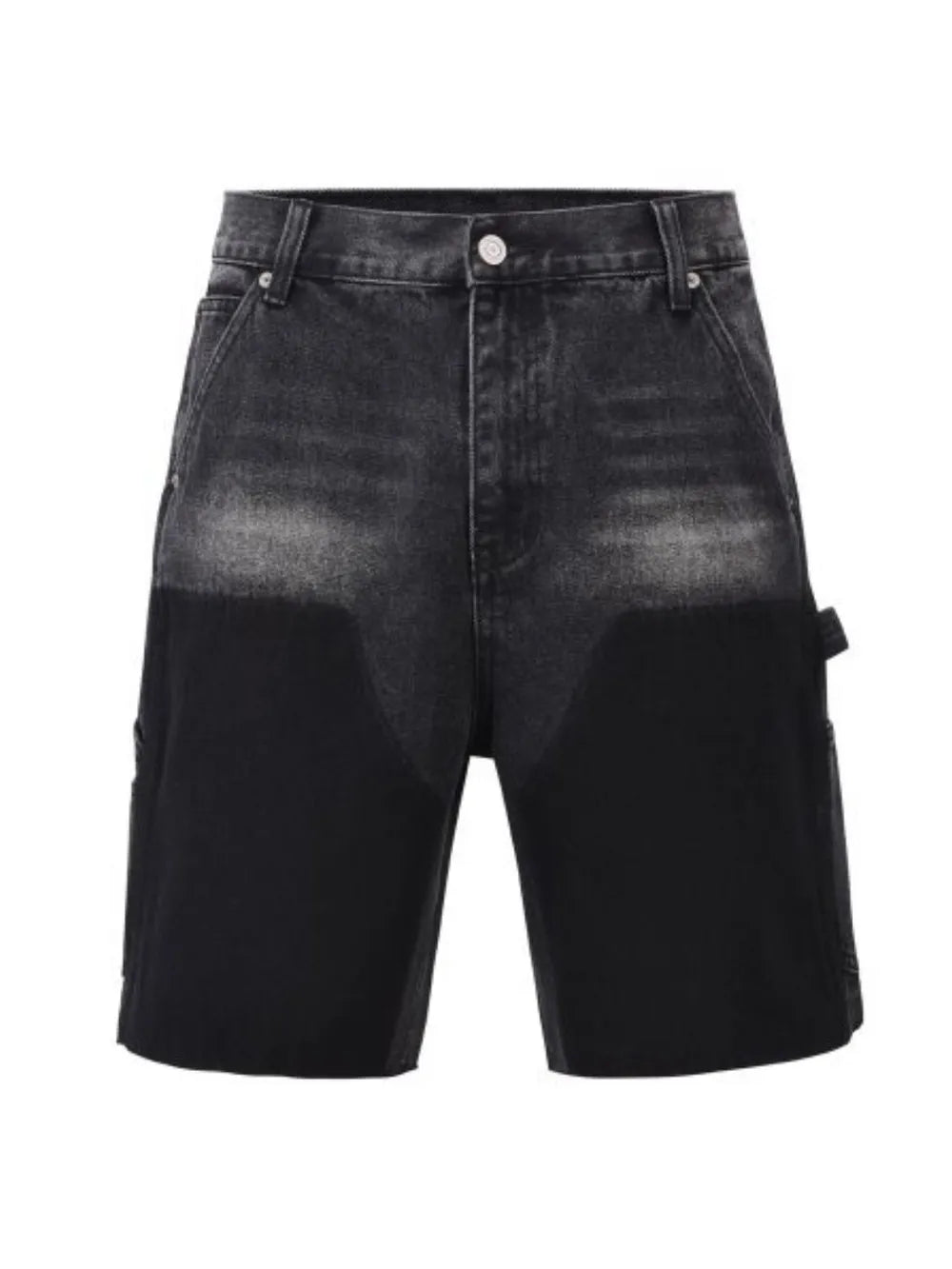 Panelled carpenter denim shorts in dark wash with black lower panels and utility loop.