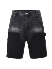 Panelled carpenter denim shorts in dark wash with black lower panels and utility loop.