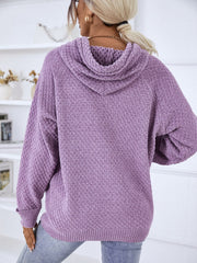 Lavender textured knit raglan sleeve hoodie with a cowl neck and ribbed cuffs and hem.