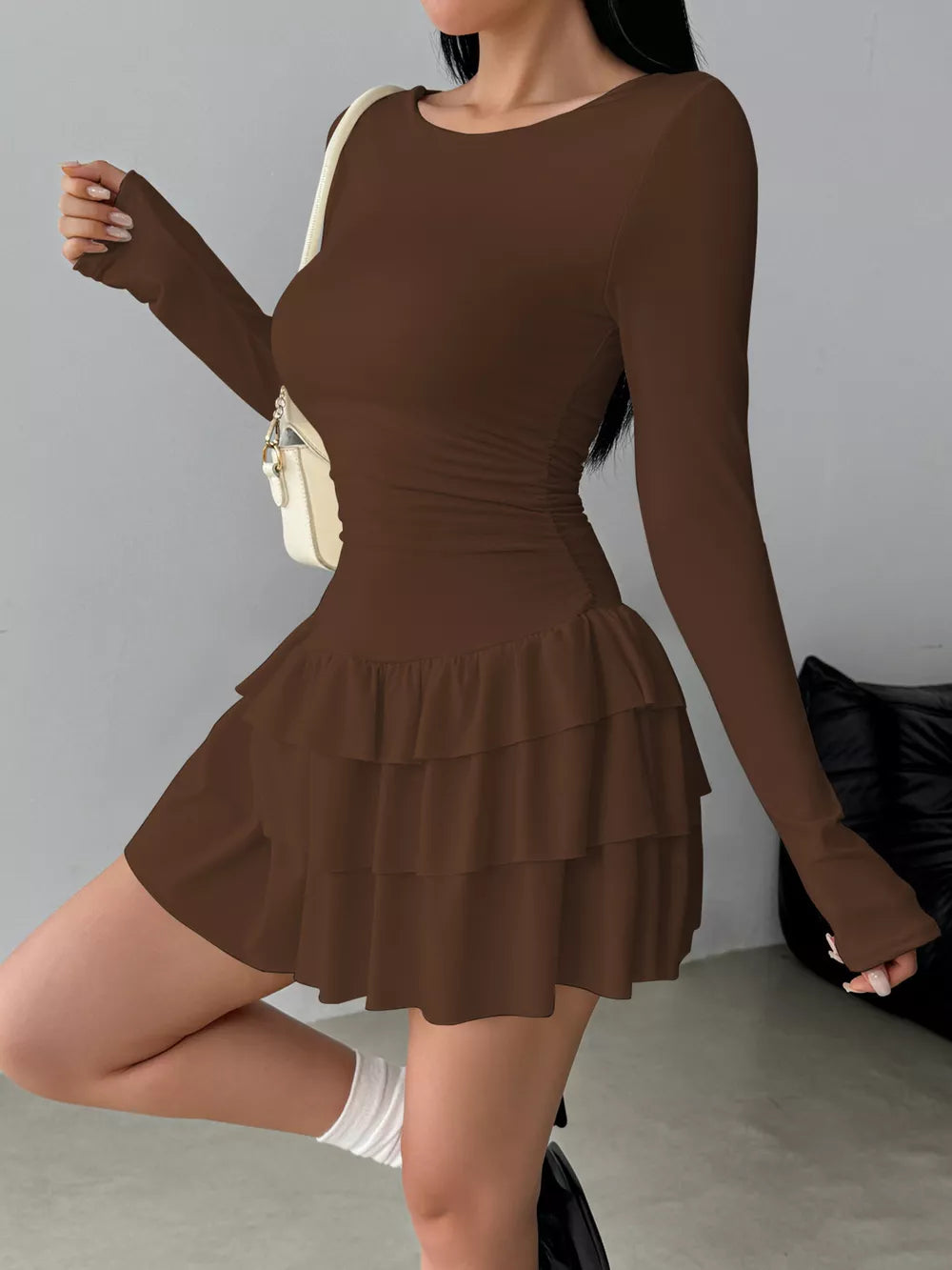 Ruched Long Sleeve Layered Ruffle Mini Dress in Red, product detail