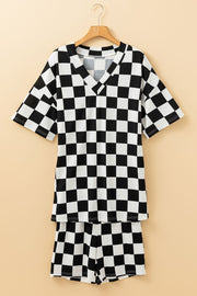 Black and white checkered V-neck t-shirt and shorts outfit set