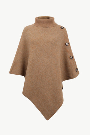Caramel knit turtleneck poncho with button detail and asymmetrical hem