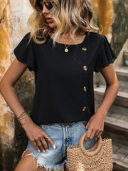 Black asymmetric button-down blouse with flutter sleeves and gold buttons