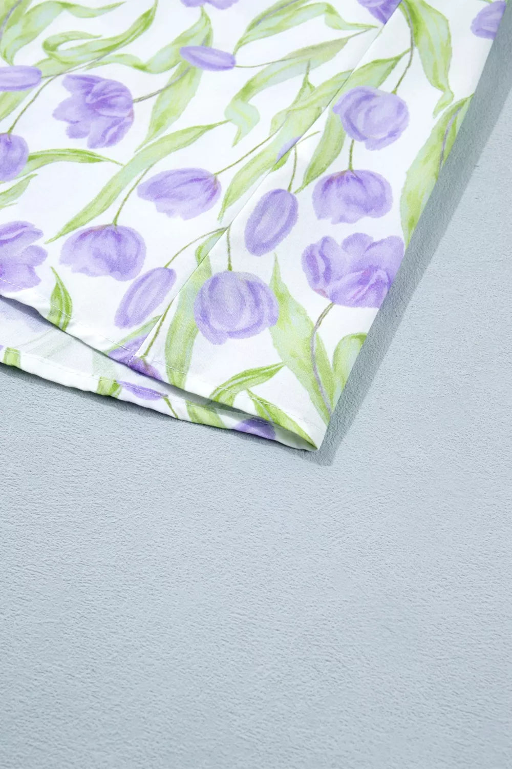 Lavender tulip print midi dress with pockets, watercolor floral pattern.