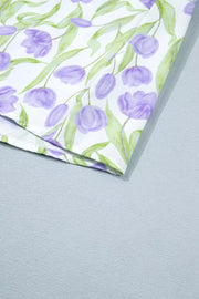 Lavender tulip print midi dress with pockets, watercolor floral pattern.