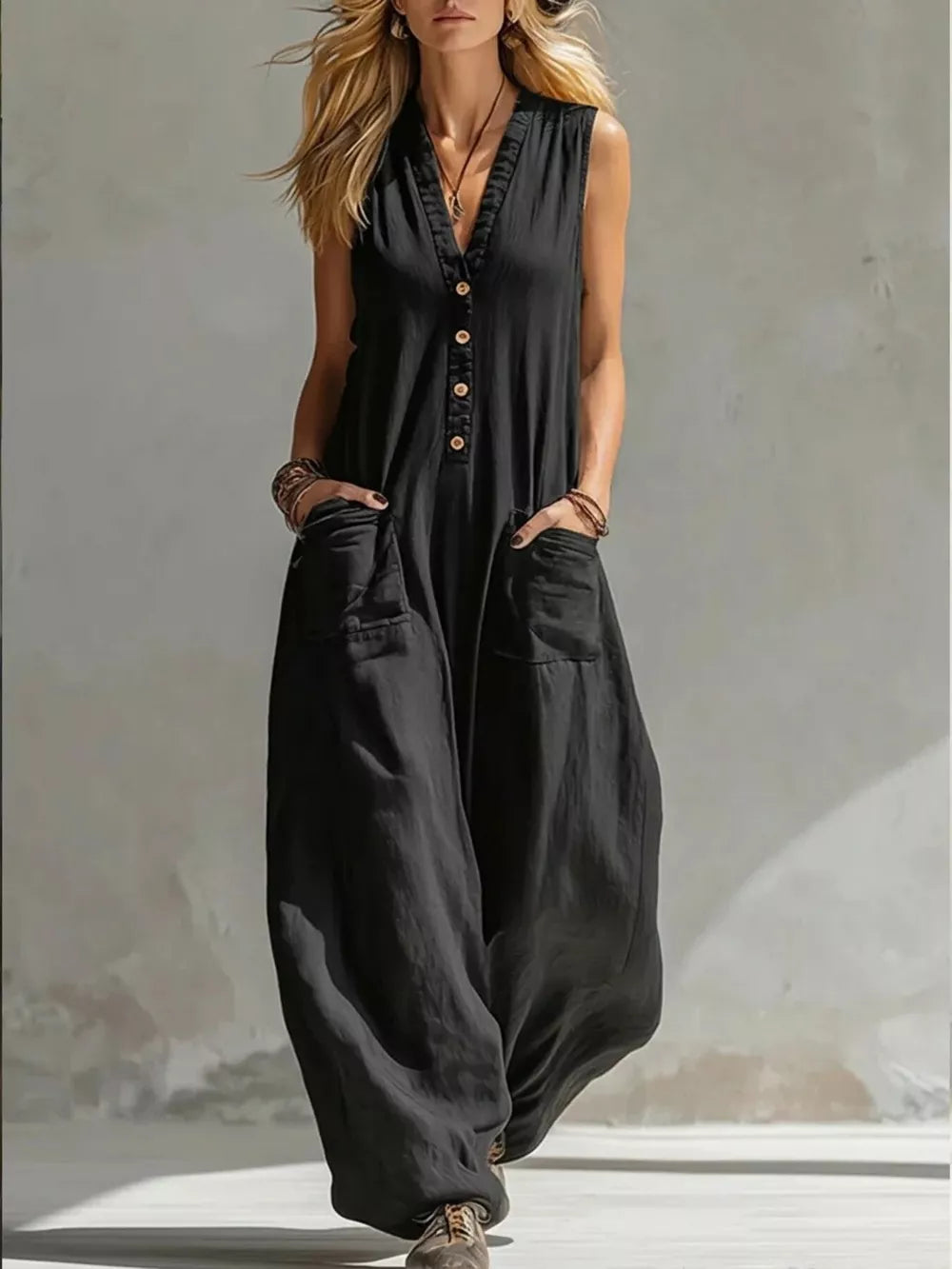 Chic V-neck Wide-leg Jumpsuit With Pockets